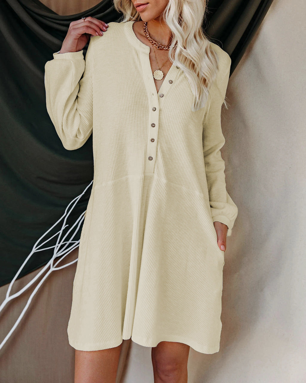 Explosive Style Solid Color V-neck Long-sleeved Button Casual Dress Women's Clothing