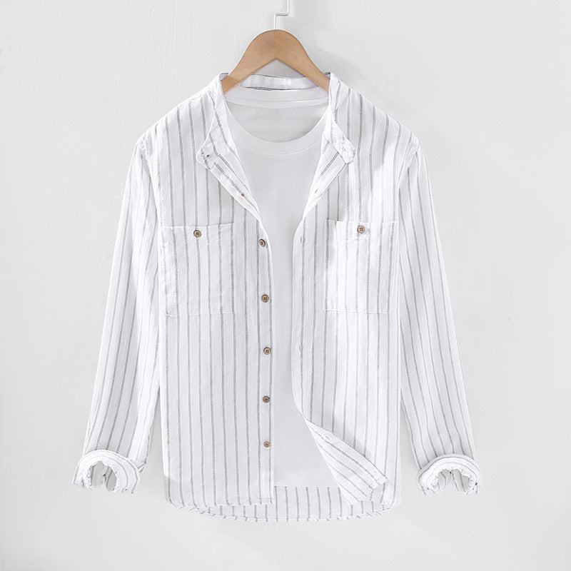 Stripe Double Pocket Chinese Style Stand Collar Casual Cotton Linen Long Sleeve Blouse