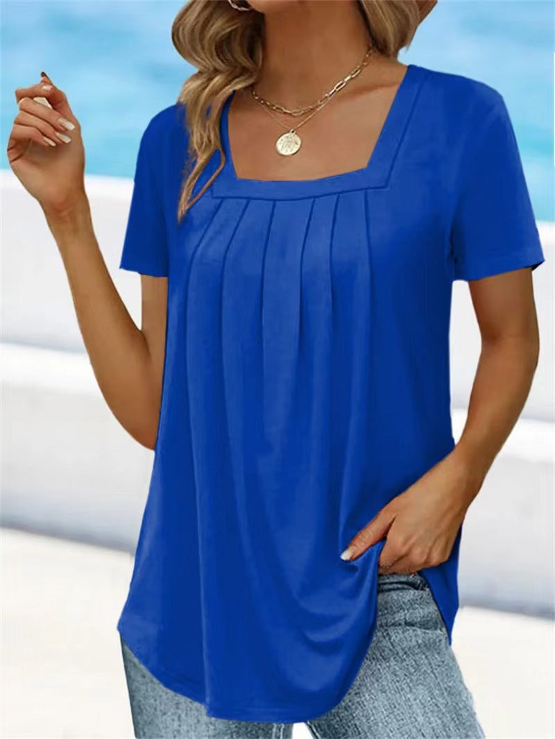 European And American Solid Color Women's Clothing Top T-shirt With Short Sleeves