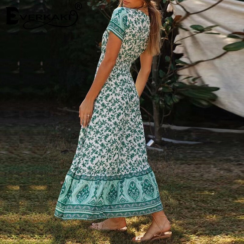 V-neck elastic waist single-breasted long skirt