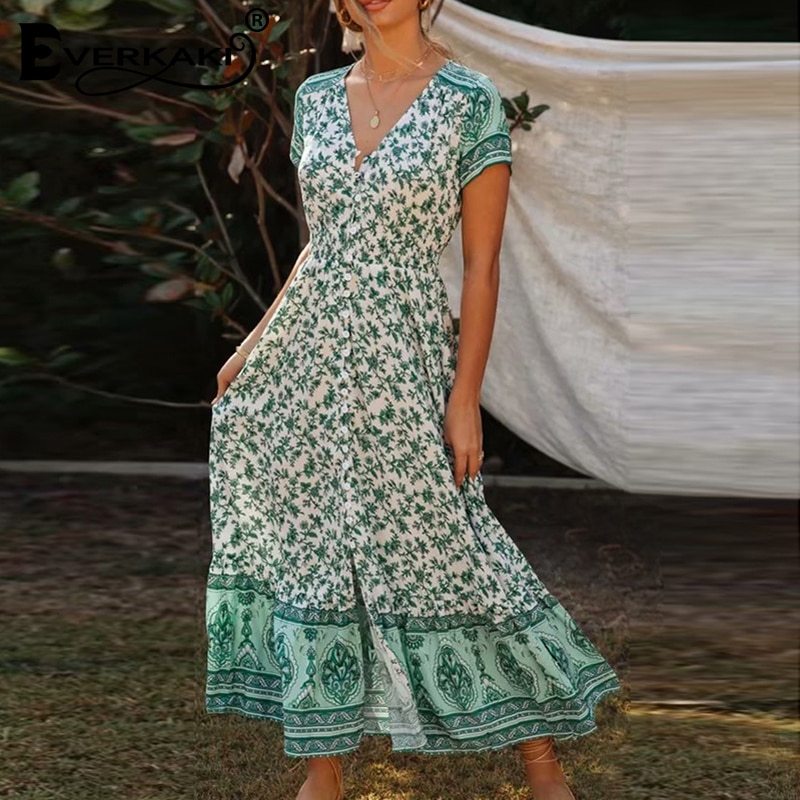 V-neck elastic waist single-breasted long skirt