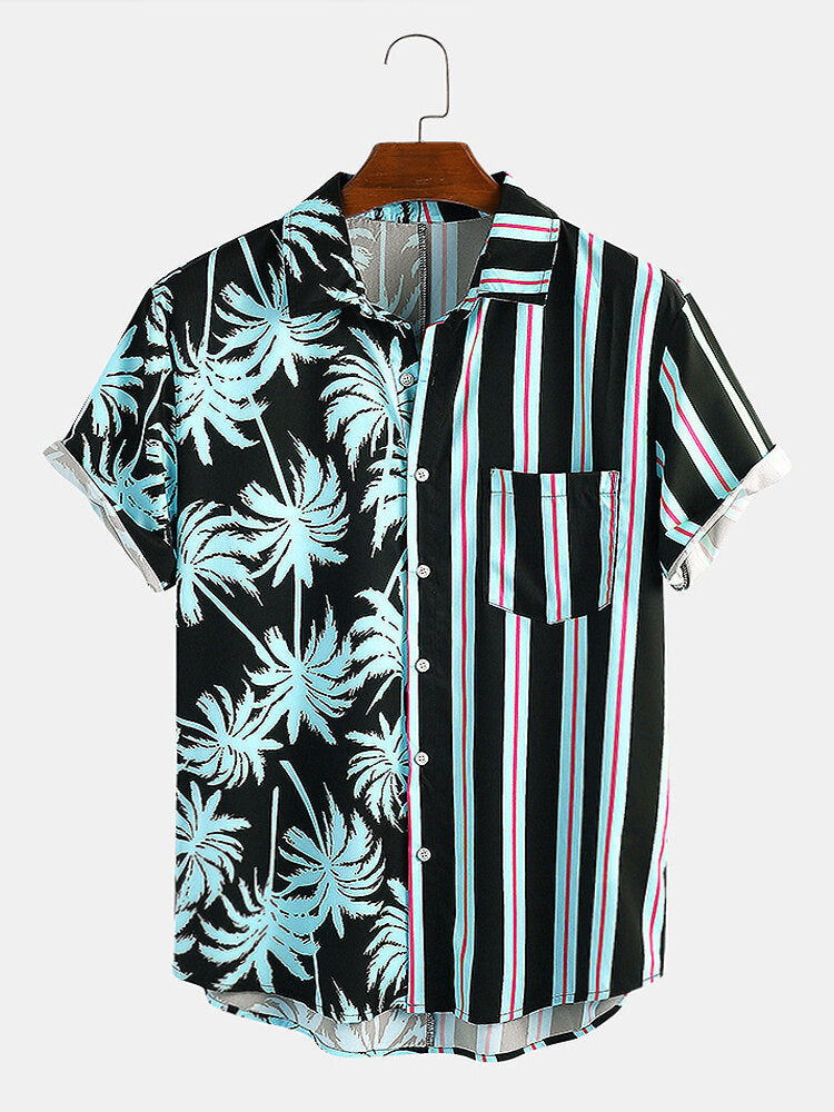 Ropa de Hombre 2021 verano nuevos hombres de estampado de coco a rayas costura Casual vacaciones camisa de manga corta Para Hombre