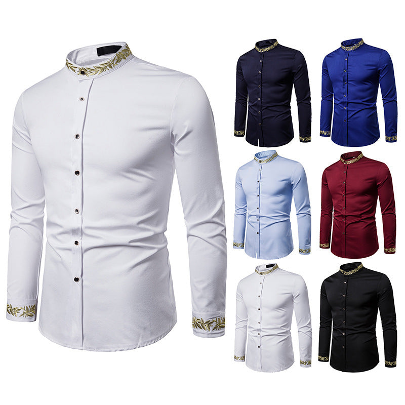 Camisa blanca bordada dorada a estrenar con cuello de soporte para hombre camisas de vestir Casual ajustada manga larga Chemise Homme Camisa Masculina