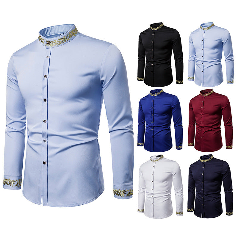Camisa blanca bordada dorada a estrenar con cuello de soporte para hombre camisas de vestir Casual ajustada manga larga Chemise Homme Camisa Masculina