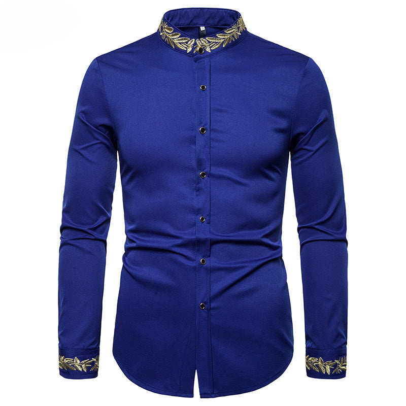 Camisa blanca bordada dorada a estrenar con cuello de soporte para hombre camisas de vestir Casual ajustada manga larga Chemise Homme Camisa Masculina