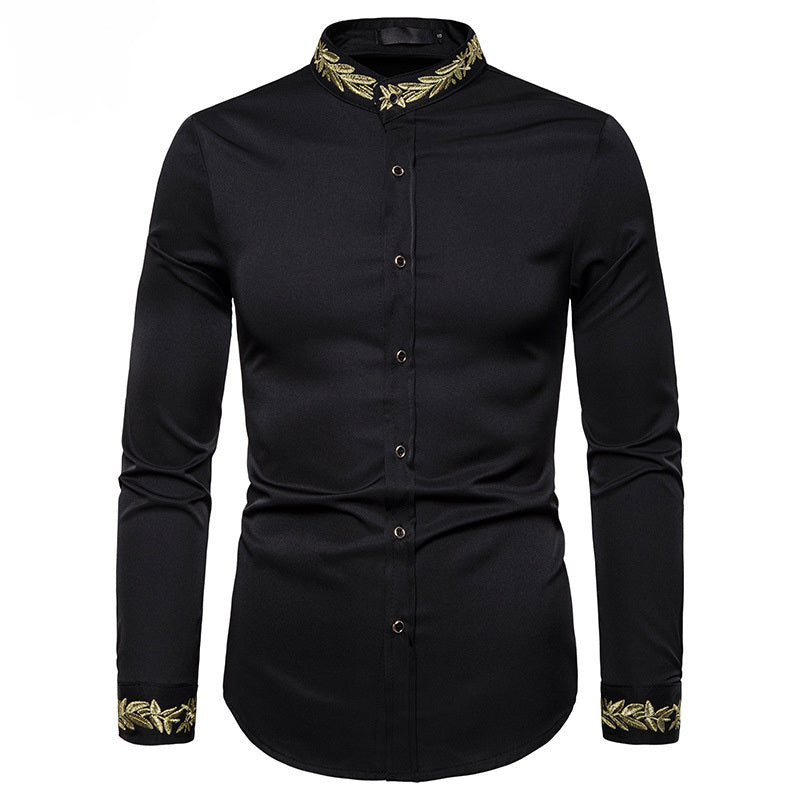 Camisa blanca bordada dorada a estrenar con cuello de soporte para hombre camisas de vestir Casual ajustada manga larga Chemise Homme Camisa Masculina