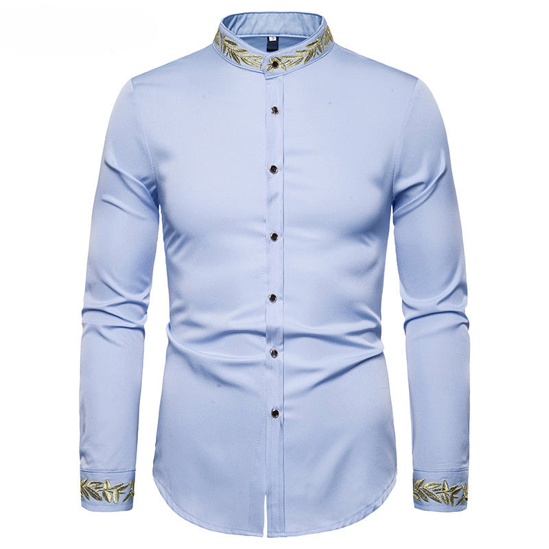 Camisa blanca bordada dorada a estrenar con cuello de soporte para hombre camisas de vestir Casual ajustada manga larga Chemise Homme Camisa Masculina