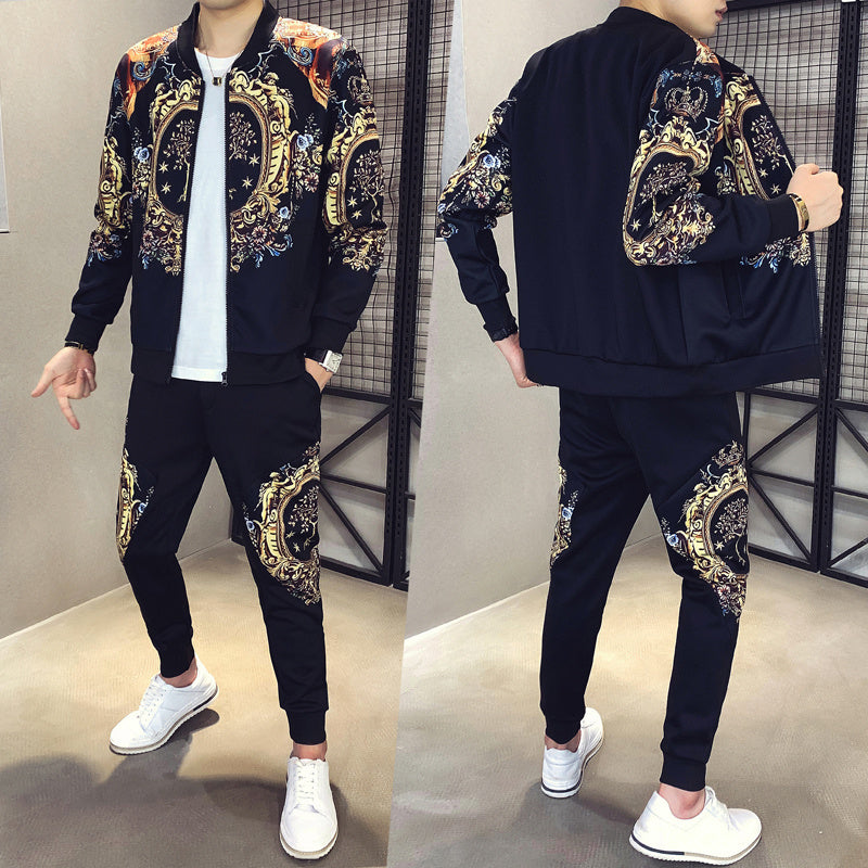Chaqueta deportiva de 2 piezas de otoño para Hombre traje de chándal de pantalón con estampado de oro 2020 ropa deportiva para Hombre