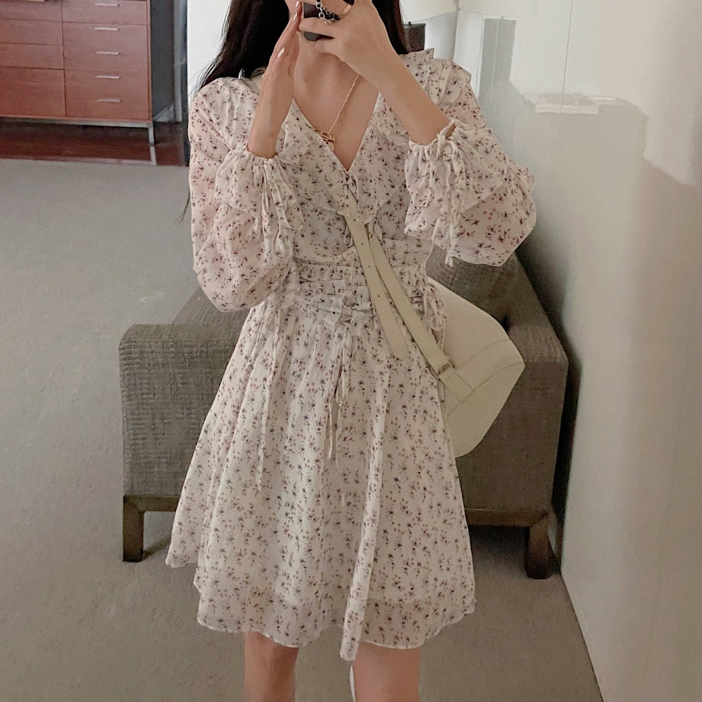Floral Plus Size Women's Slim Waist Long Sleeved V Neck Skirt
