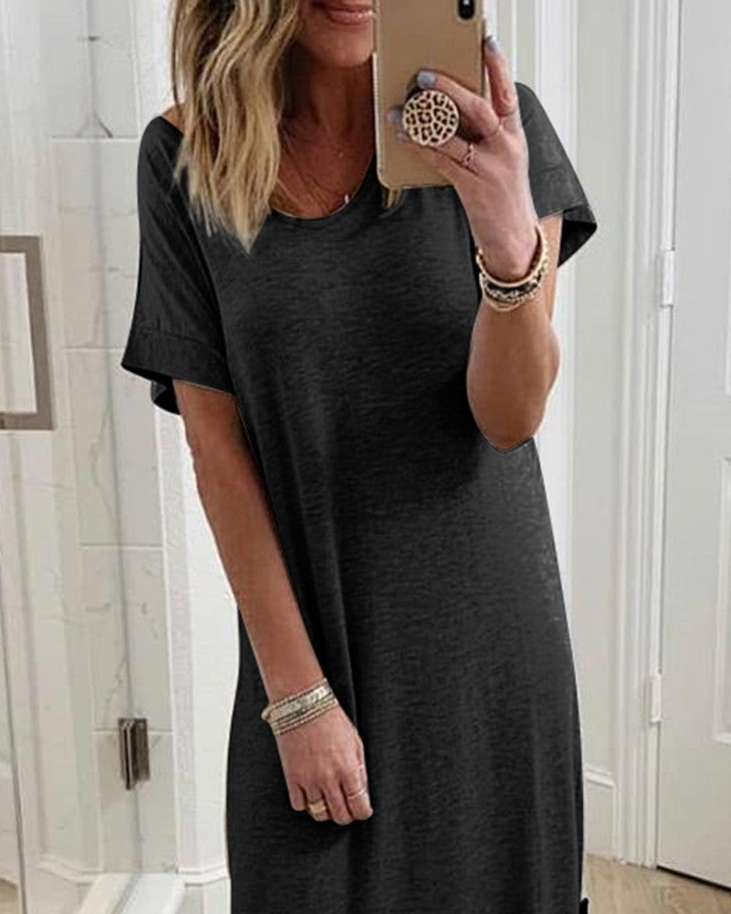 European And American New Amazon Aliexpress Hot Style Women'S Solid Color Hem Irregular Round Neck Dress
