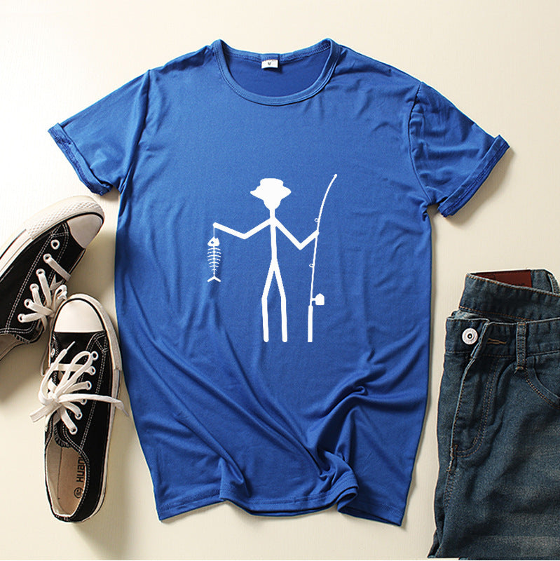 Printed Man Short Sleeve Funny Fisherman Stick Man Holding Fish Bone