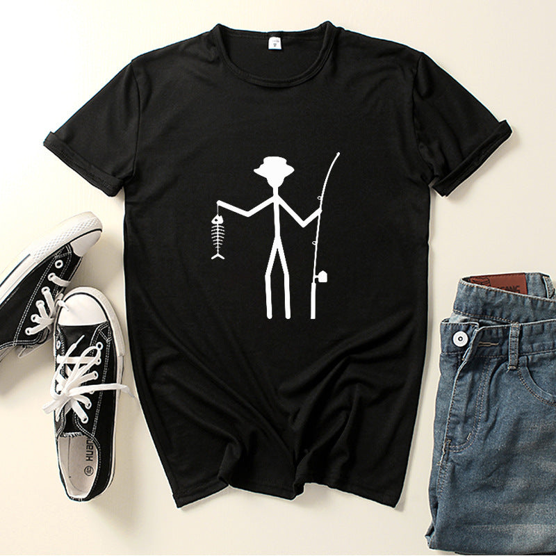 Printed Man Short Sleeve Funny Fisherman Stick Man Holding Fish Bone