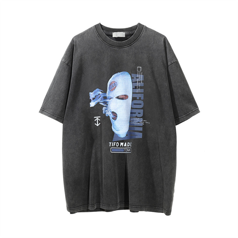 Fun Masked Man Like Printed Round Neck Short Sleeve T-shirt