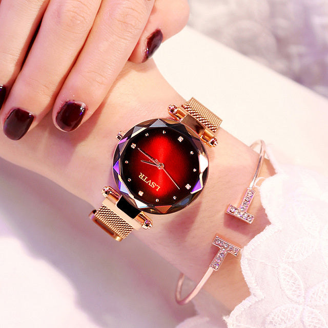 Relojes de oro rosa para mujer, reloj de pulsera de mujer resistente al agua, con diamantes, cielo estrellado y imán