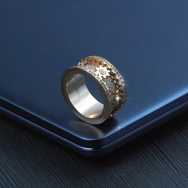 Con incrustaciones de piedra incrustada con engranaje de diamante de yeso vibrato giratorio para hombres y mujeres el mismo anillo