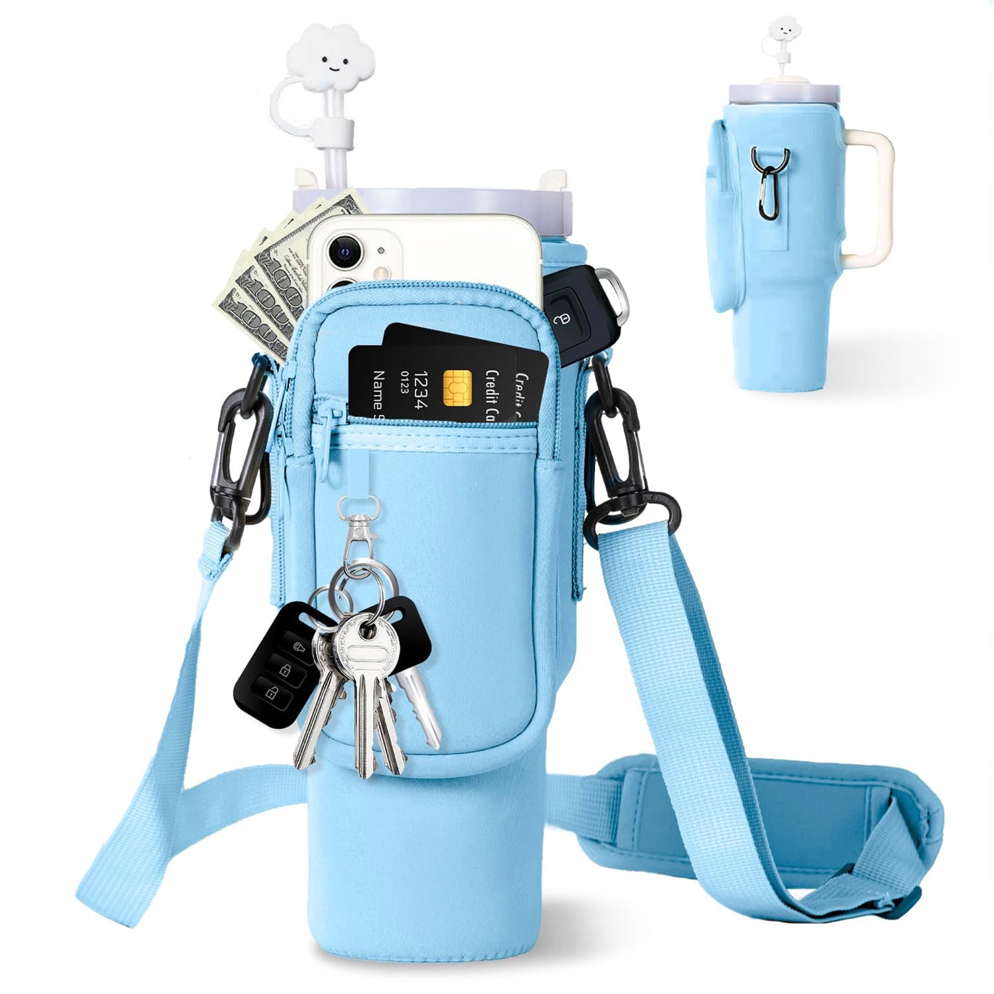 Water Bottle Carrier Bag With Phone Pocket For Tumbler Neoprene Water Bottle Holder Pouch With Adjustable Strap Bollus With Straw Cover & Carabiner For Cup Accessories Drinkware Mug