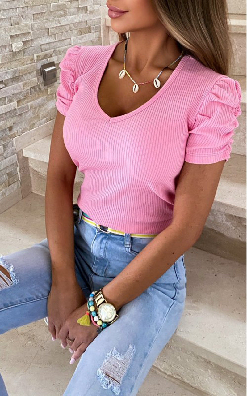 Women's Puff Sleeve V-neck Short-sleeved T-shirt
