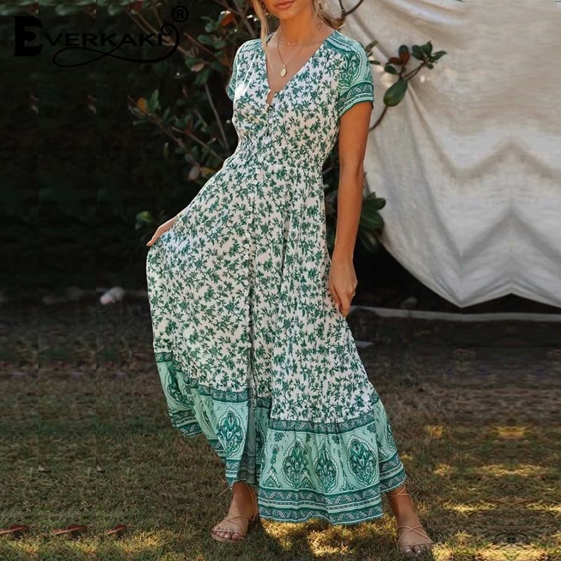 V-neck elastic waist single-breasted long skirt