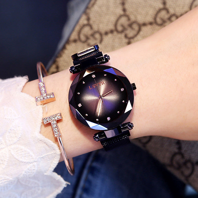 Relojes de oro rosa para mujer, reloj de pulsera de mujer resistente al agua, con diamantes, cielo estrellado y imán