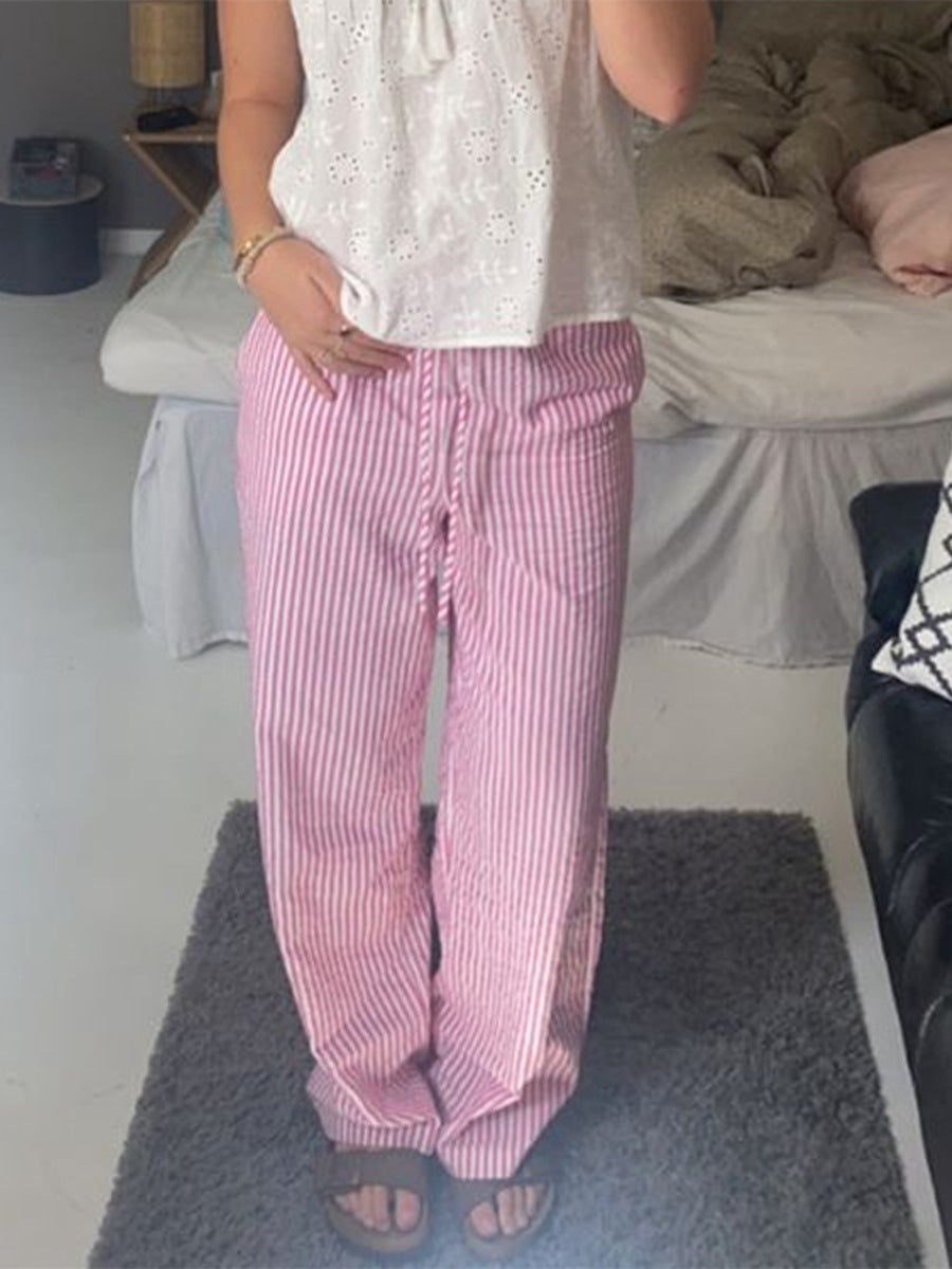 Striped Printed Elastic Waist Drawstring Pocket Straight Casual Trousers