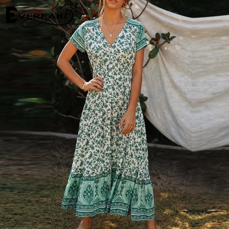 V-neck elastic waist single-breasted long skirt