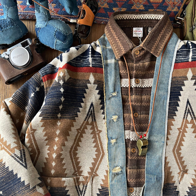 Vintage Denim Patchwork Woolen Coat Man
