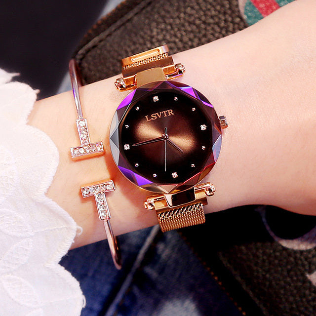 Relojes de oro rosa para mujer, reloj de pulsera de mujer resistente al agua, con diamantes, cielo estrellado y imán
