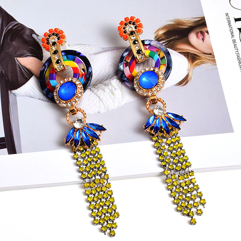 European And American Style Tassel Long Claw Chain Colored Diamond Earrings