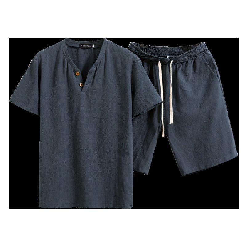 Cotton Linen Linen Solid Color Men's T-Shirt Two-Piece Set