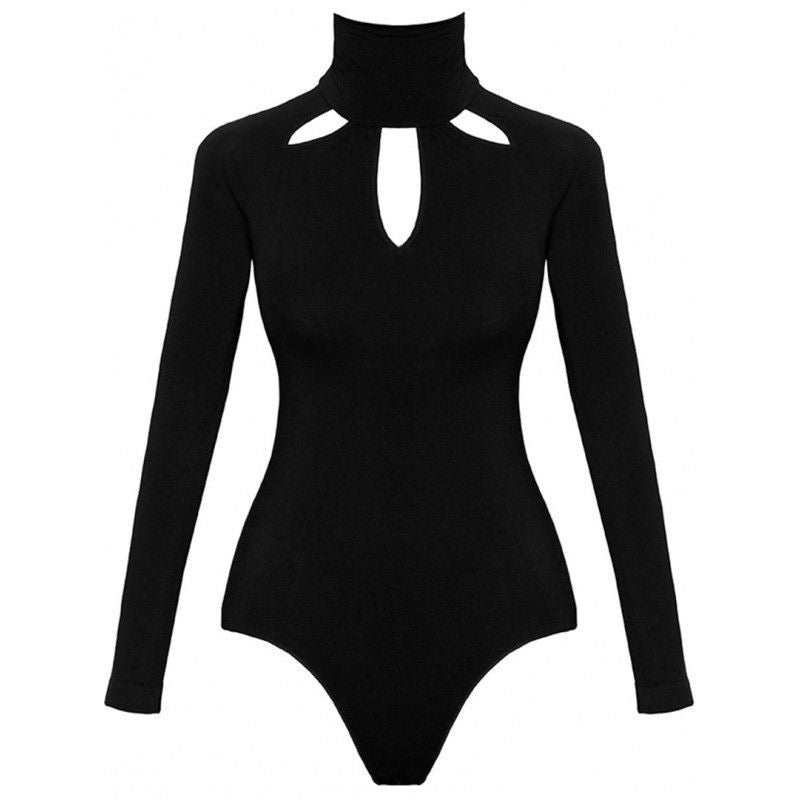 Mono negro de manga larga ajustado Sexy Color sólido