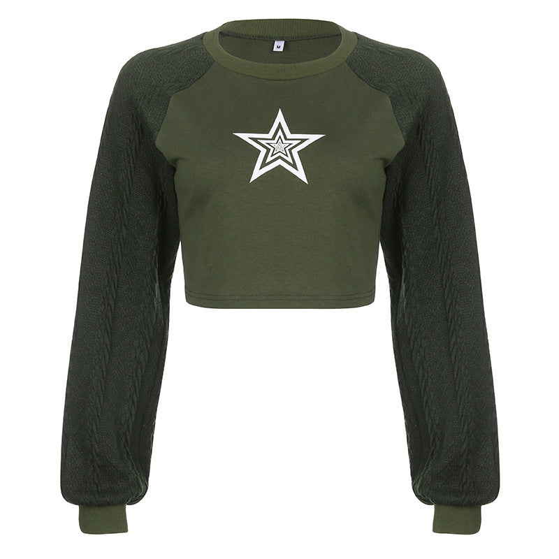 European And American Trend New Star Print Contrast Wool Raglan Sleeve Sweater