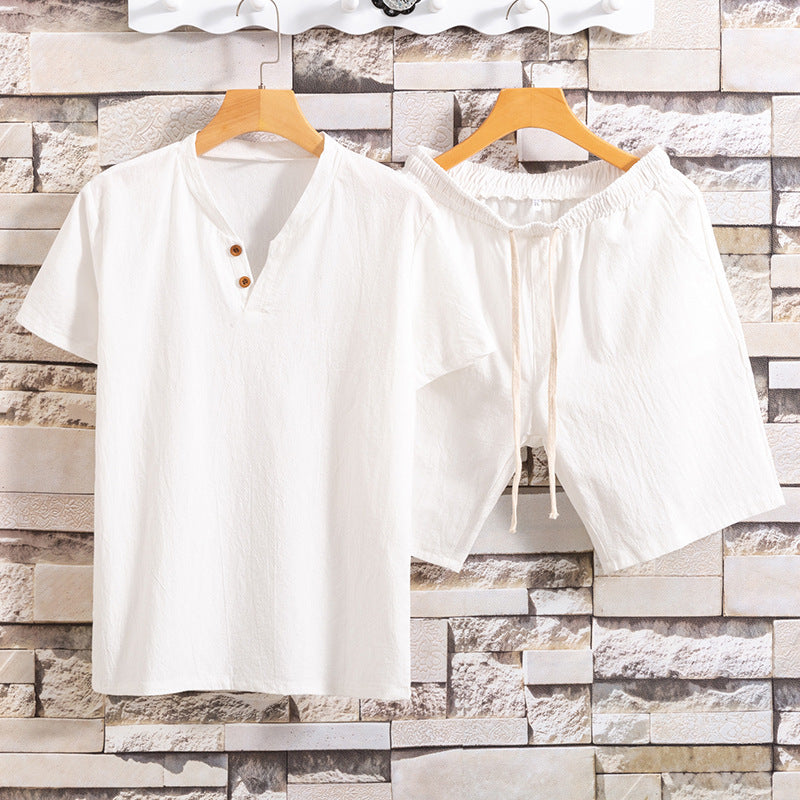 Cotton Linen Linen Solid Color Men's T-Shirt Two-Piece Set