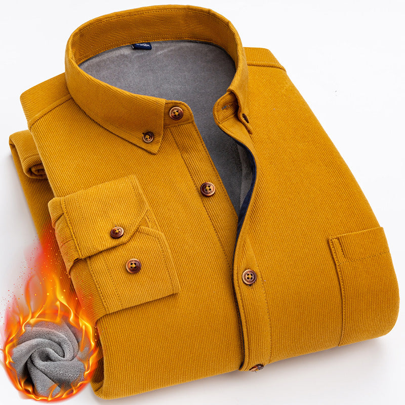 Thermal Shirt Men's Fleece-lined Thick Solid Color Corduroy Thermal Shirt Autumn And Winter