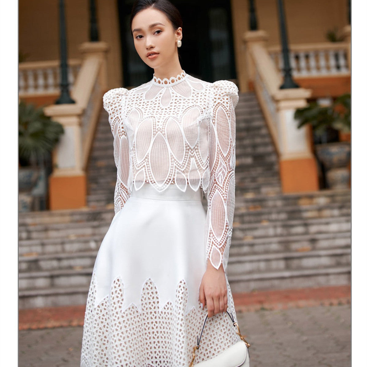 Women's Temperament Standing Collar Long-sleeved Lace Short Top Hollow Half Skirt Set