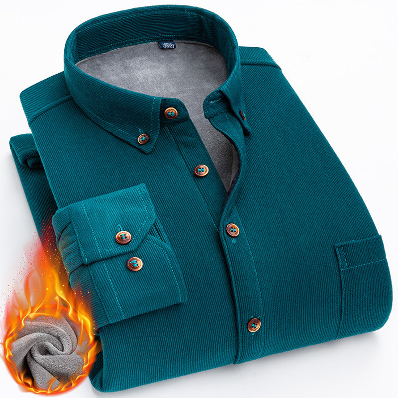 Thermal Shirt Men's Fleece-lined Thick Solid Color Corduroy Thermal Shirt Autumn And Winter
