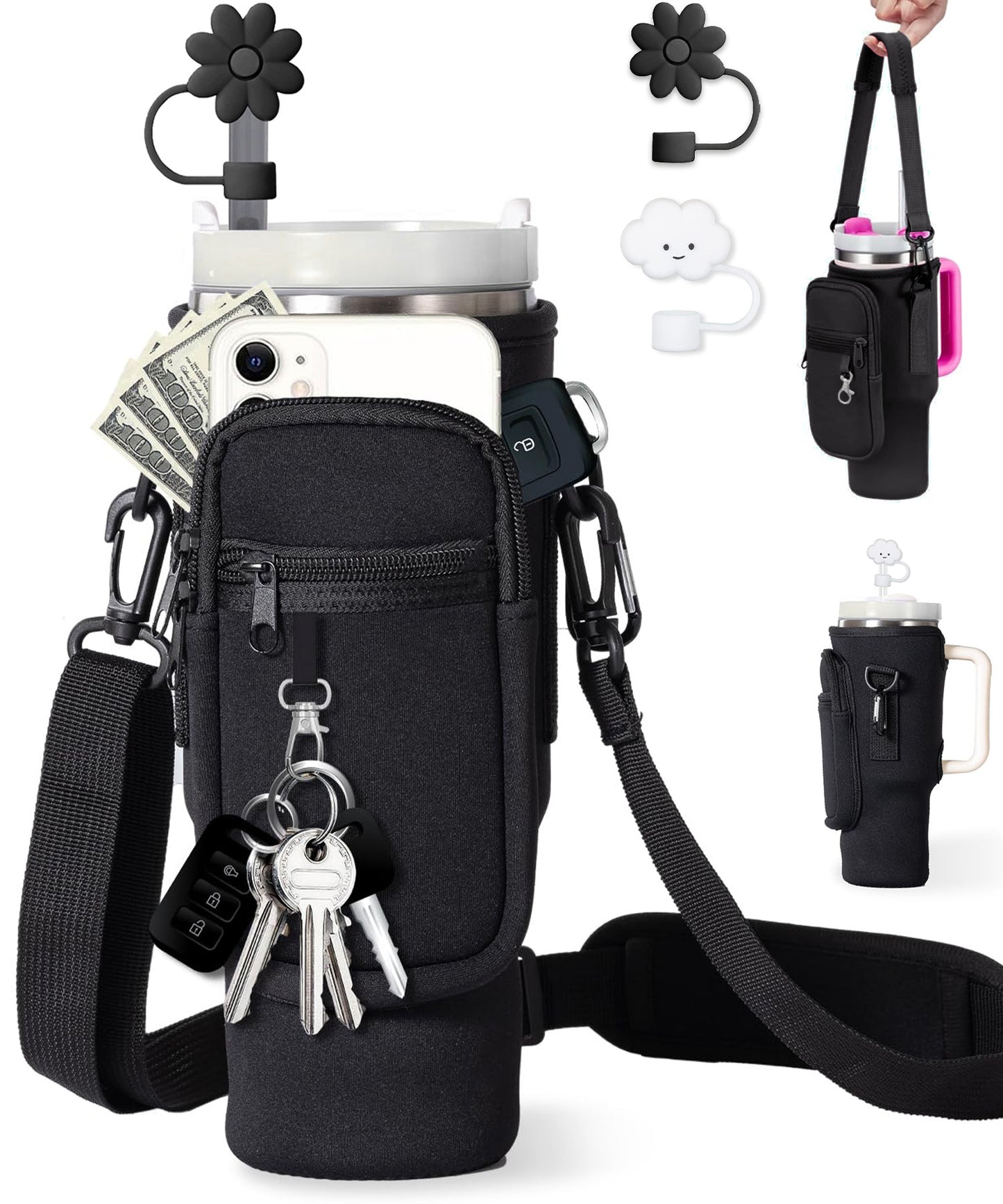 Water Bottle Carrier Bag With Phone Pocket For Tumbler Neoprene Water Bottle Holder Pouch With Adjustable Strap Bollus With Straw Cover & Carabiner For Cup Accessories Drinkware Mug