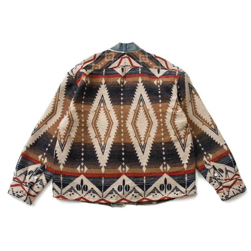 Vintage Denim Patchwork Woolen Coat Man