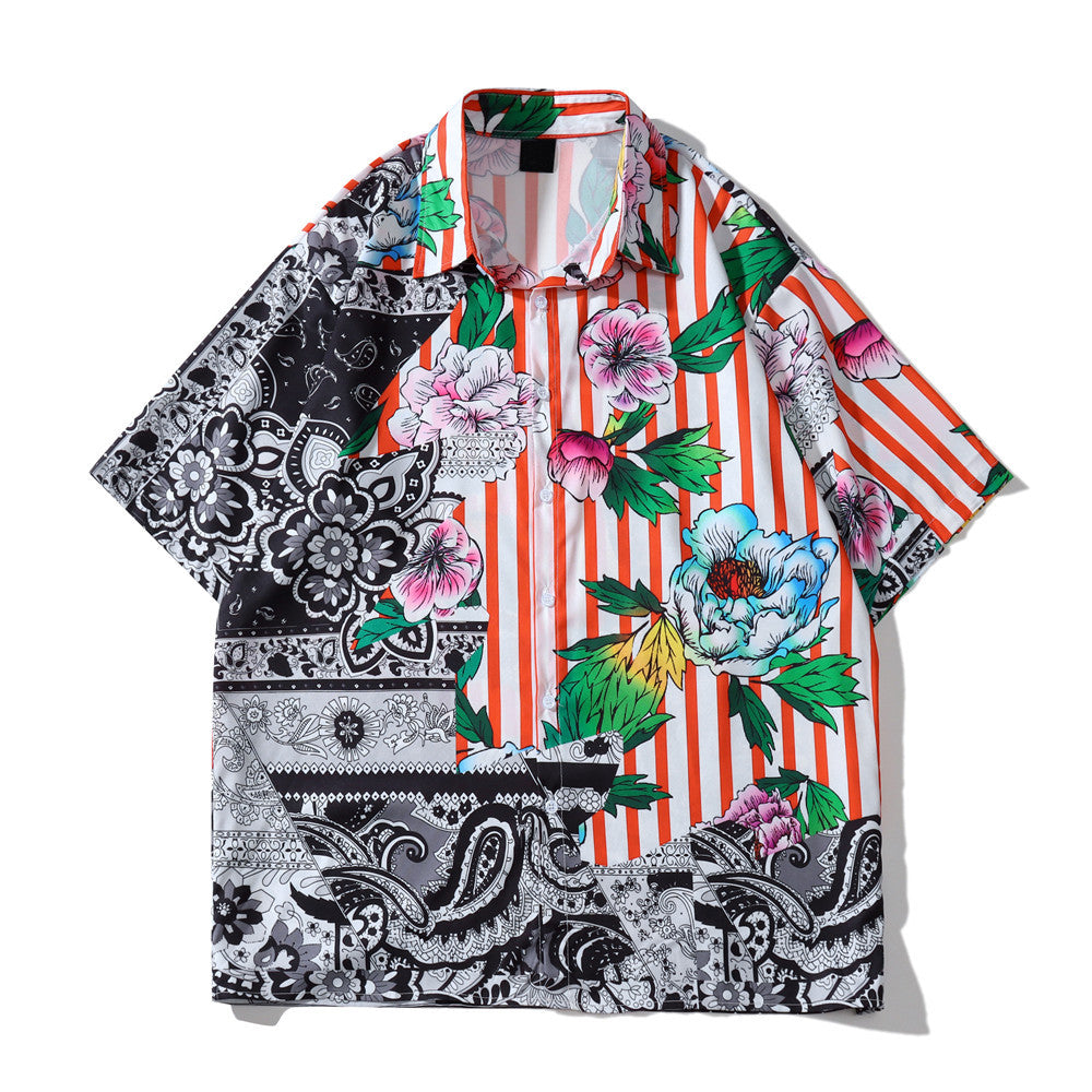 Big White Flower Full Print Shirt Beach Cardigan Short Sleeve Man