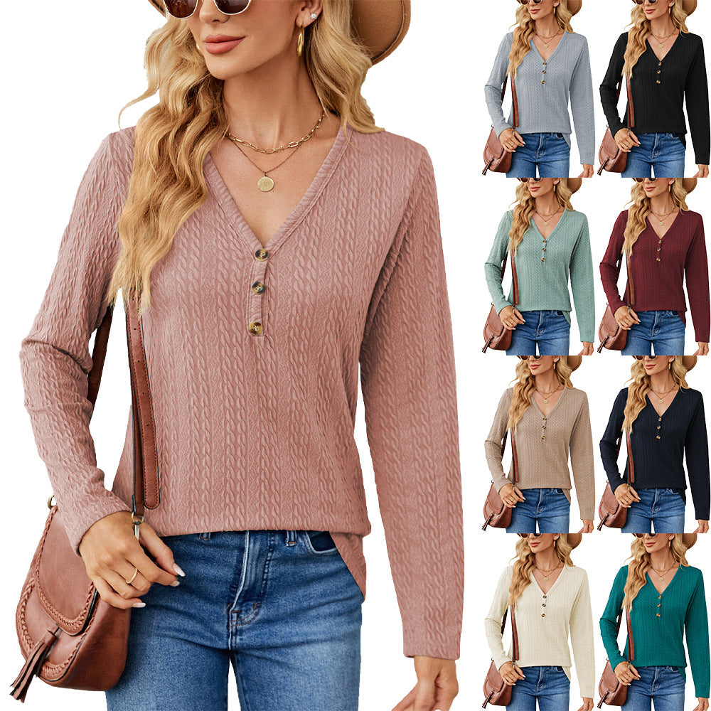 Solid Color And V-neck Button Loose Long-sleeved T-shirt Top