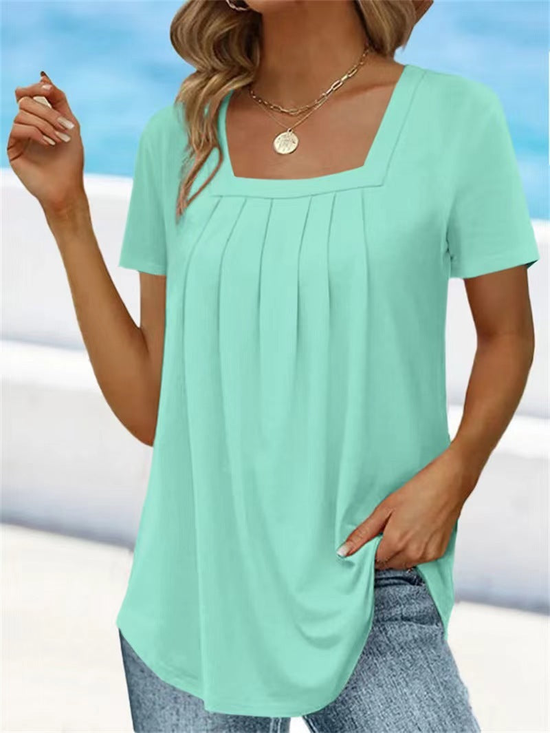European And American Solid Color Women's Clothing Top T-shirt With Short Sleeves