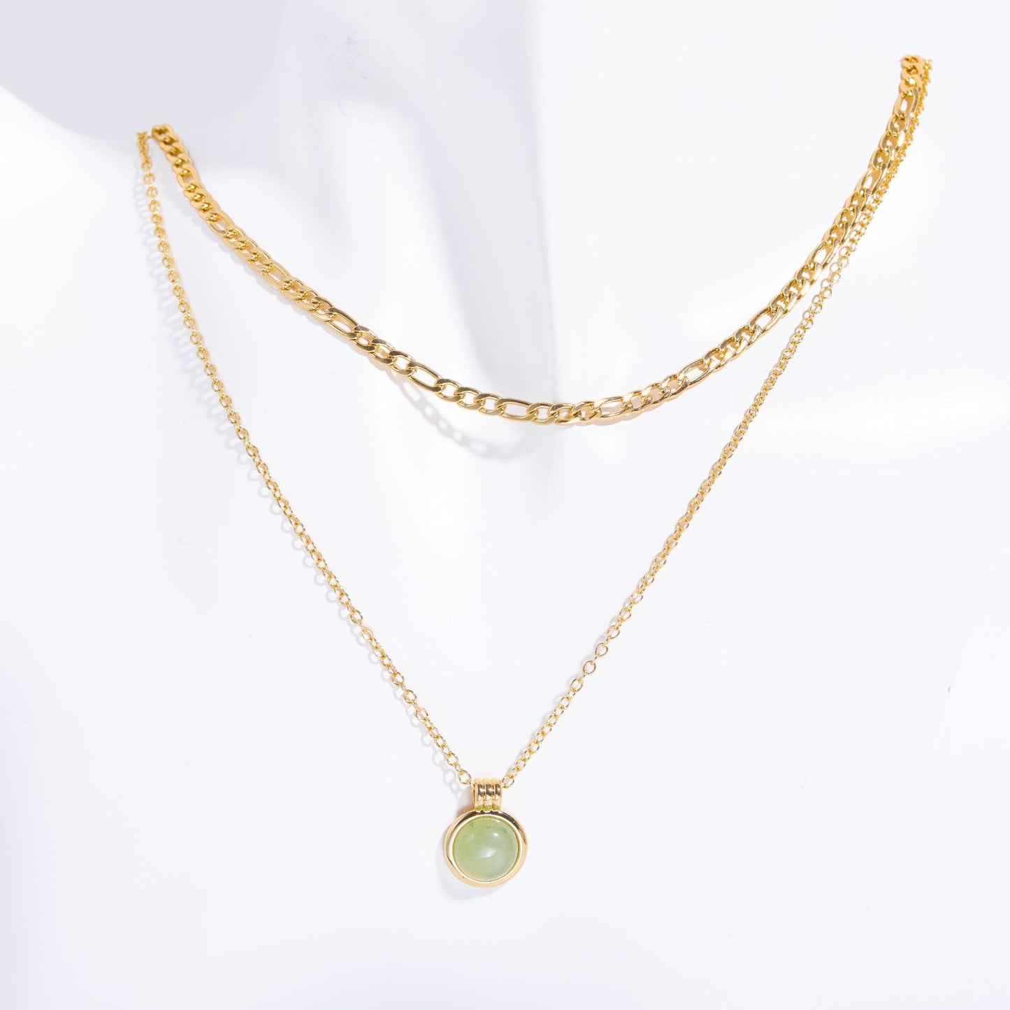 Simple Natural Stone Gem Semi-precious Stone Double Layer Necklace Green Aventurine Figaro Titanium Steel