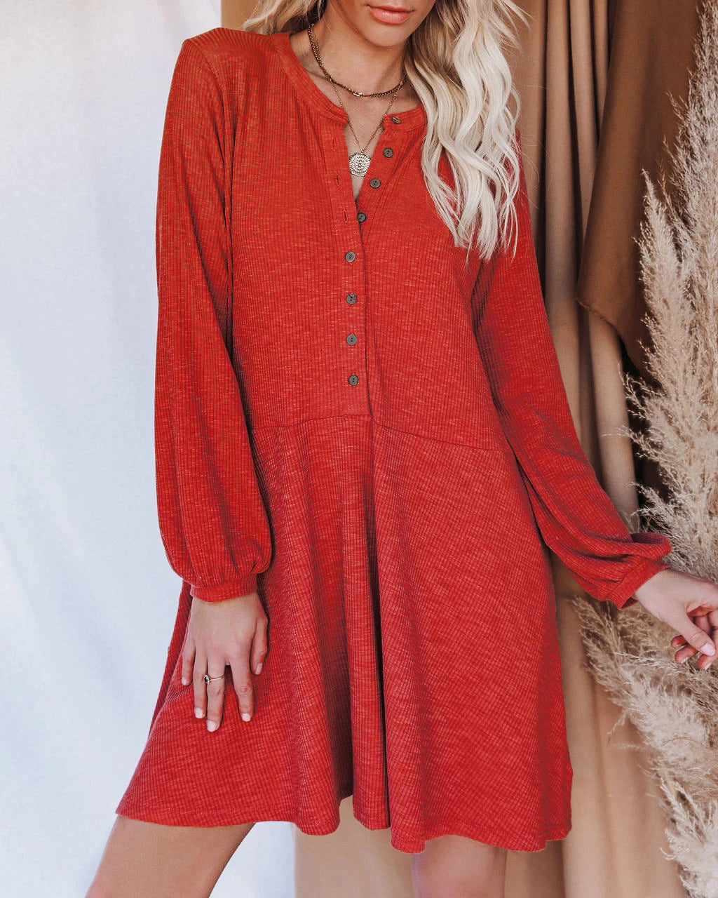 Explosive Style Solid Color V-neck Long-sleeved Button Casual Dress Women's Clothing