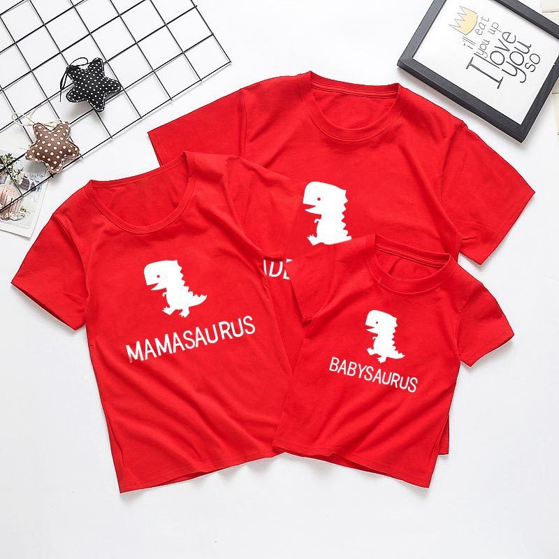 Valentine's Day Parent-child Wear Mom Dad Short Sleeve Shirt Cute Dinosaur Print Mother-child Suit Boy T Children Short Sleeve