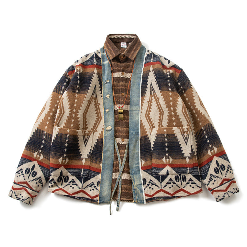 Vintage Denim Patchwork Woolen Coat Man