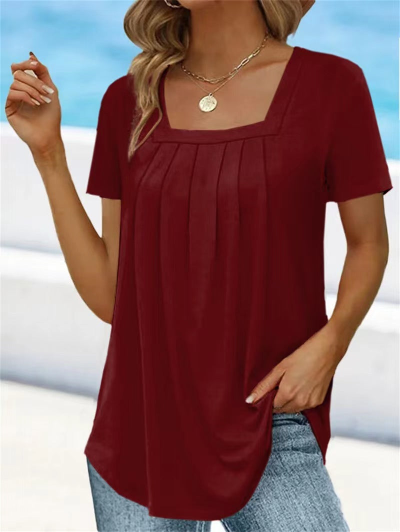 European And American Solid Color Women's Clothing Top T-shirt With Short Sleeves