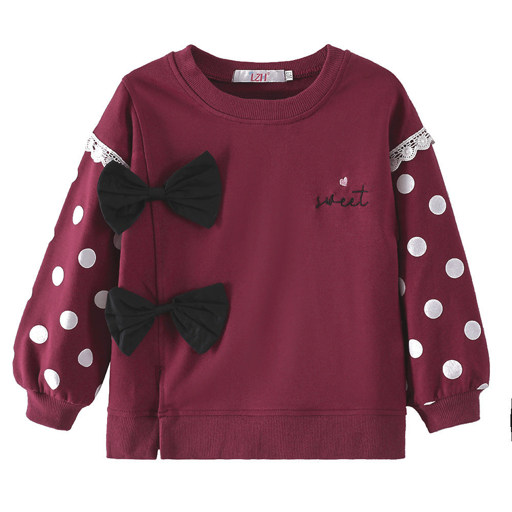 New Girls' Sweater Cute Bow Solid Color Long Sleeve Pullover Children