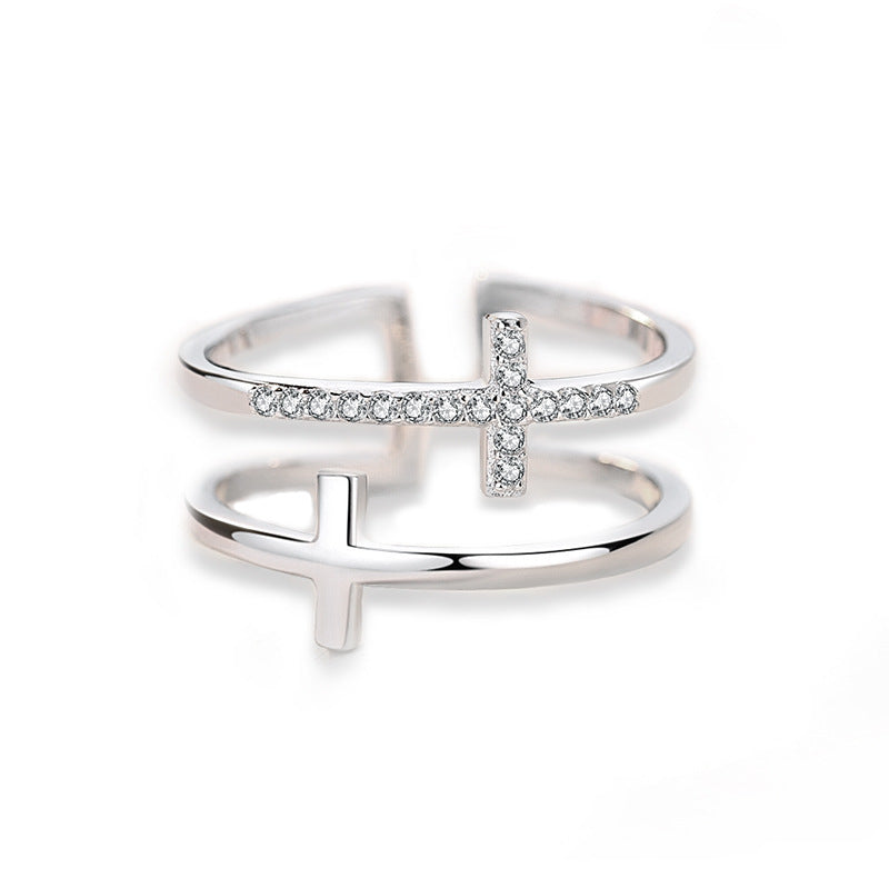 Anillo de circón con incrustaciones de cobre miniatura de doble cruz