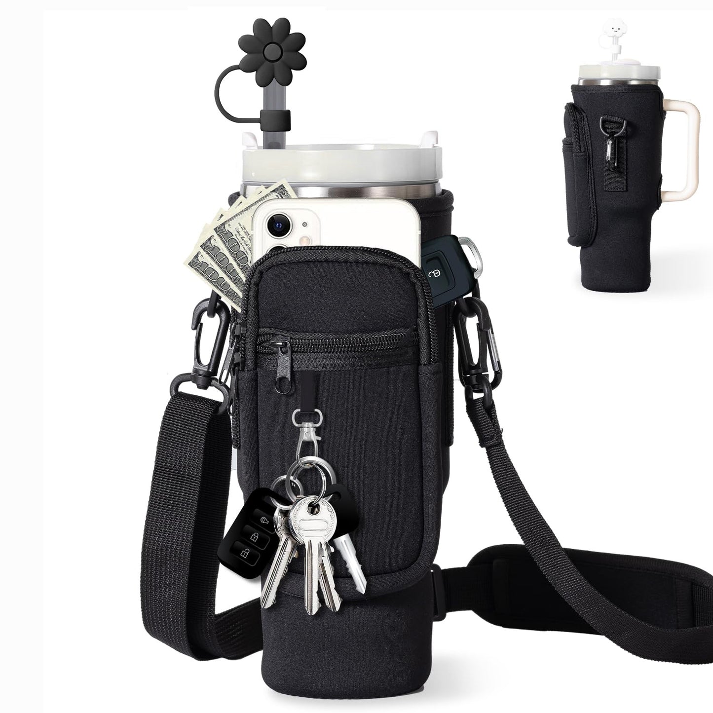 Water Bottle Carrier Bag With Phone Pocket For Tumbler Neoprene Water Bottle Holder Pouch With Adjustable Strap Bollus With Straw Cover & Carabiner For Cup Accessories Drinkware Mug
