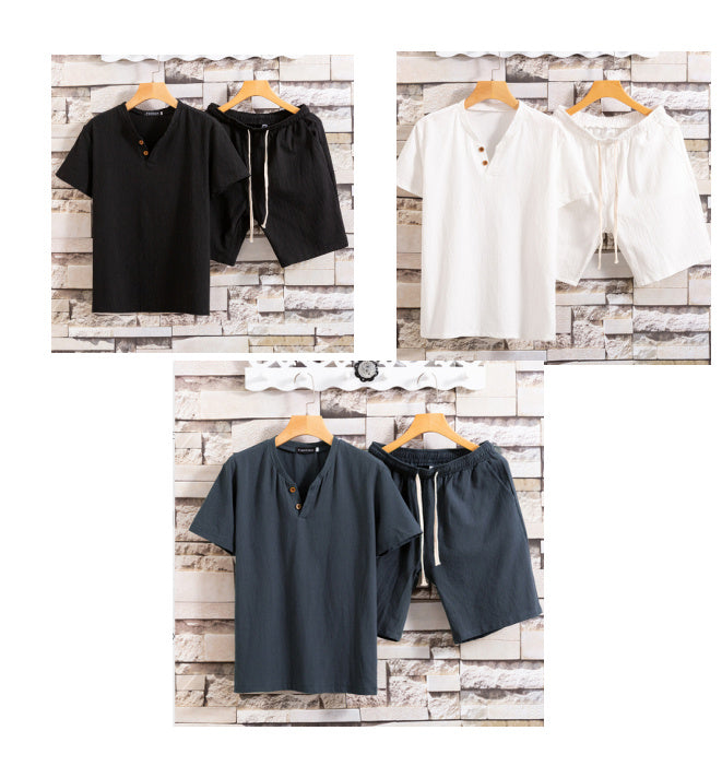 Cotton Linen Linen Solid Color Men's T-Shirt Two-Piece Set