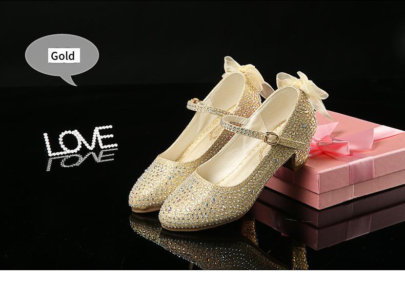 Girls' Leather Shoes Autumn New Bright Diamond High Heeled Shoes Performance Dance Flower Children Silver Medium And Large Children's High Heeled Shoes